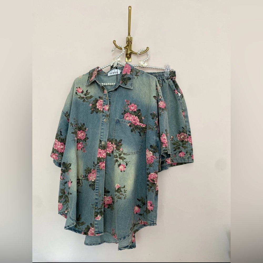 Kate Hewko Floral Denim Matching Set OS Button Up Shirt & Shorts Cottagecore M/L